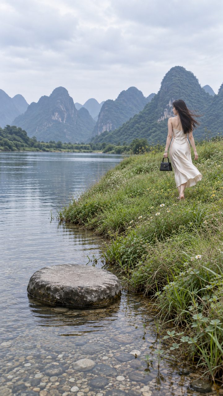 Storyboard frame four: she walks away along the riverbank with the bag.