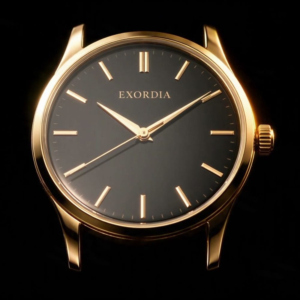 The EXORDIA watch, complete, gold on black.
