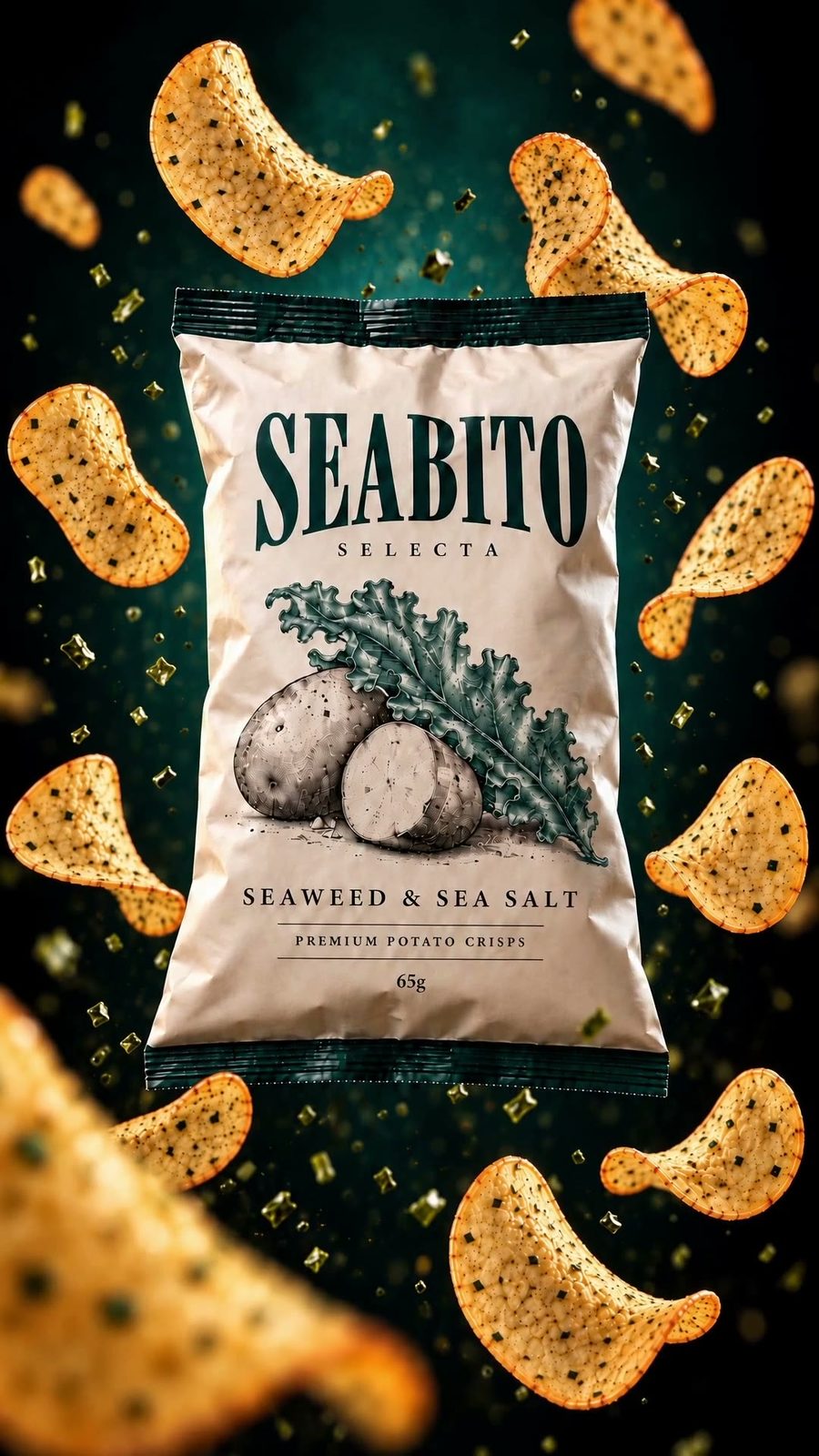 A SEABITO seaweed crisp packet with crisps flying around it on deep green.
