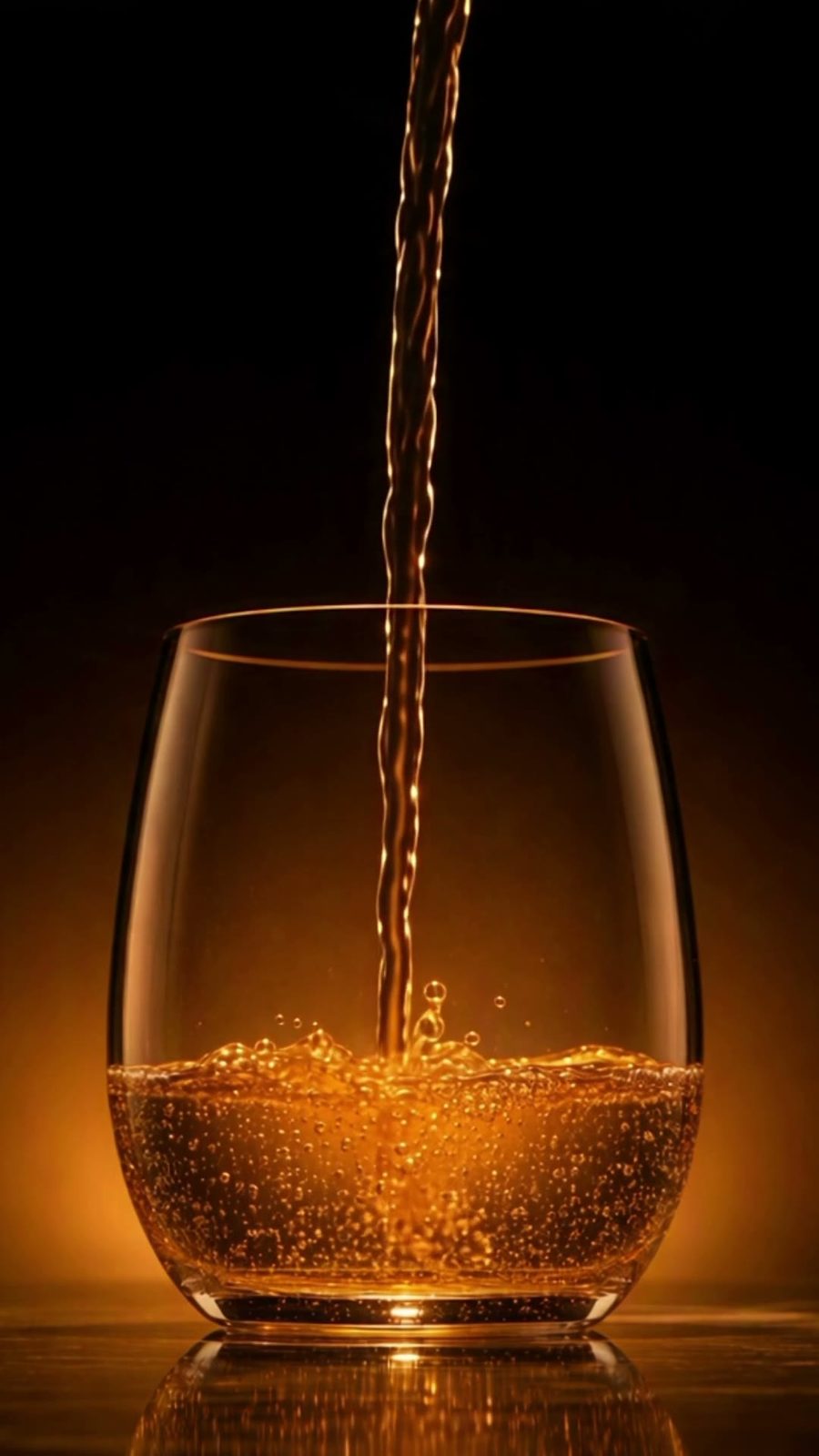 Amber botanical soda pouring into a cold glass.
