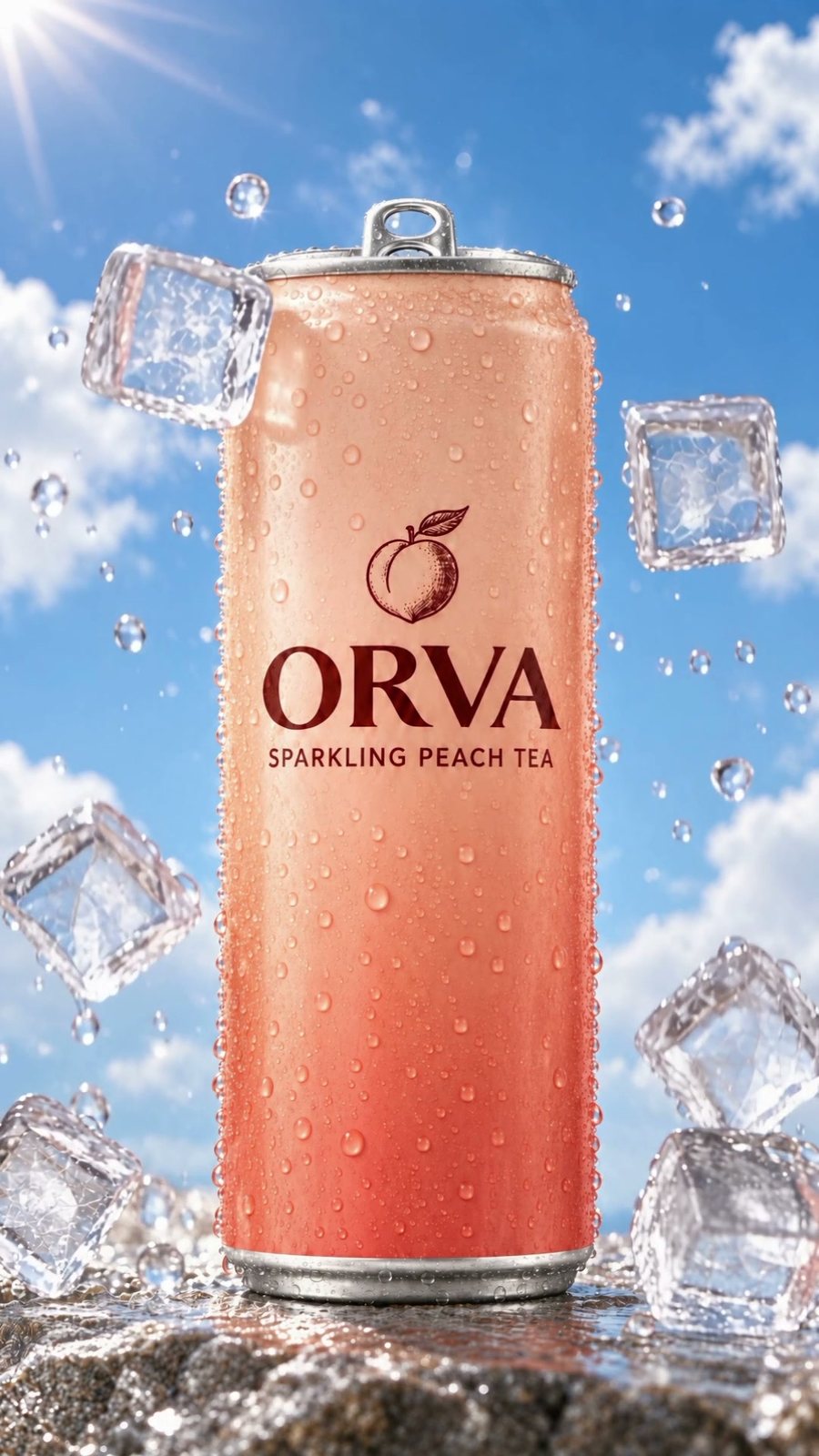 An ORVA sparkling peach tea can with ice against a summer sky, the ORVA mark set exactly on the can.